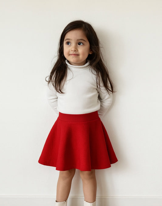 Young girl wearing a white sweater and red Mini Circle Skirt against a white background