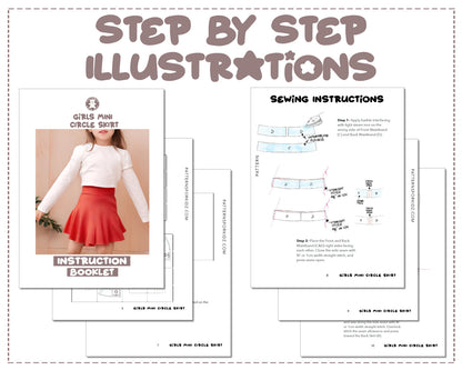 Girls Mini Circle Skirt sewing pattern step by step illustrations.