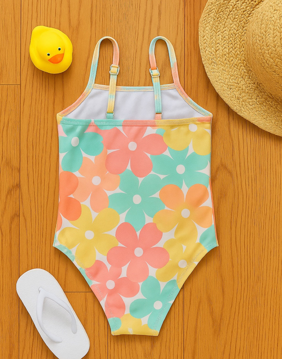 Back view of Girls One Piece Swimsuit with yellow duck, straw hat and white sandals on a wooden floor.