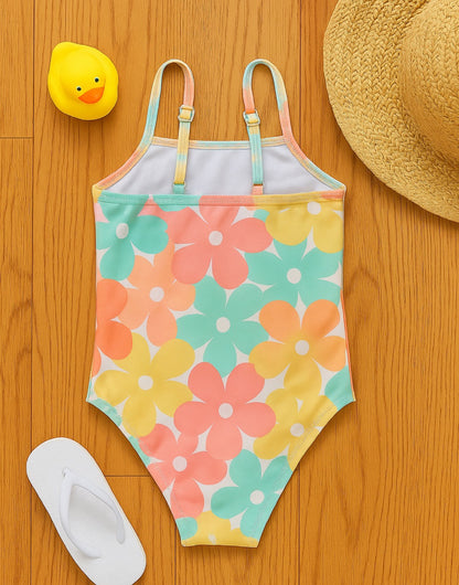 Back view of Girls One Piece Swimsuit with yellow duck, straw hat and white sandals on a wooden floor.