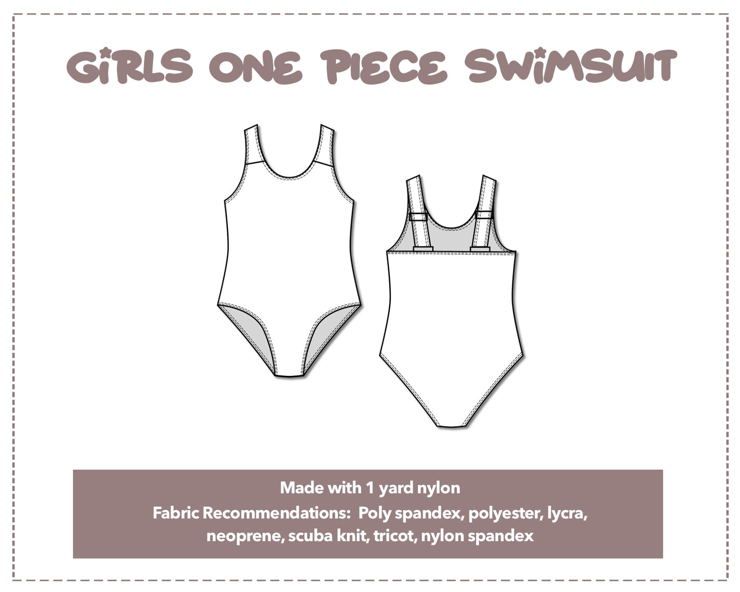 Illustration and detailed description for Girls One Piece Swimsuit sewing pattern.