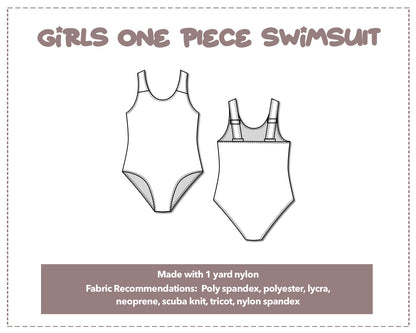 Illustration and detailed description for Girls One Piece Swimsuit sewing pattern.