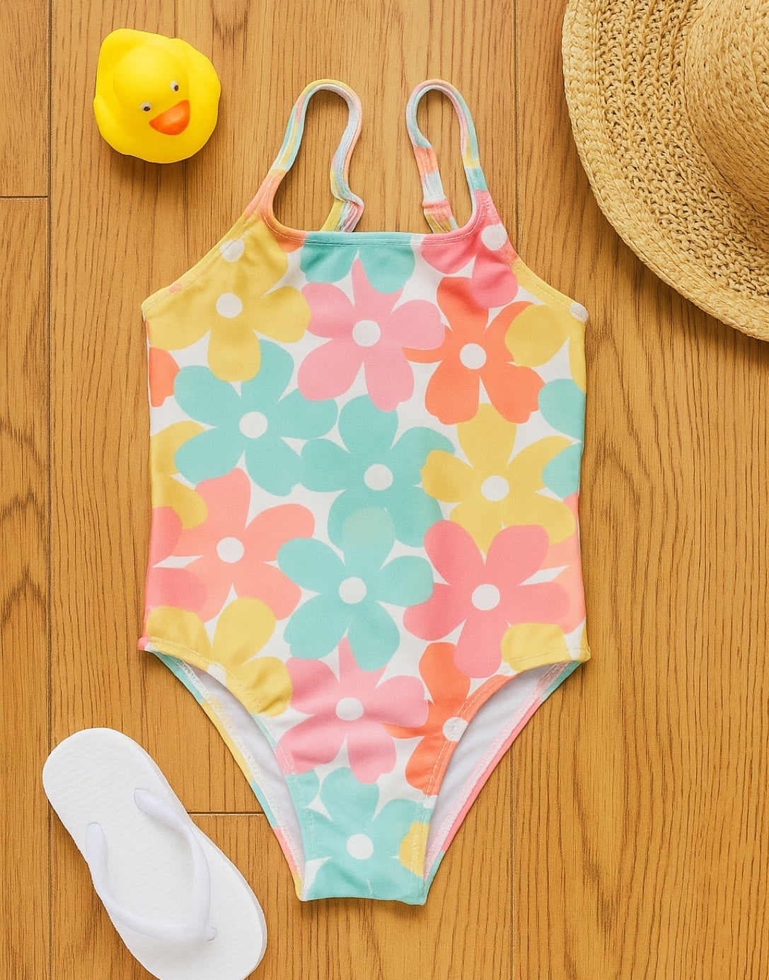 Front view of Girls One Piece Swimsuit with yellow duck, straw hat and white sandals on a wooden floor.