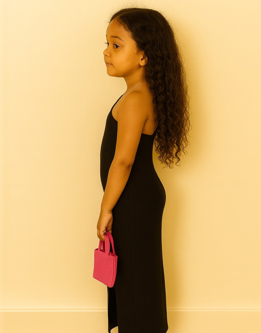 Side view of young girl wearing a black One Shoulder Maxi Dress.