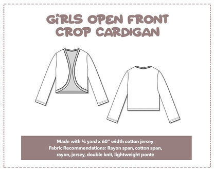 Illustration and detailed description for Girls Open Front Crop Cardigan sewing pattern.