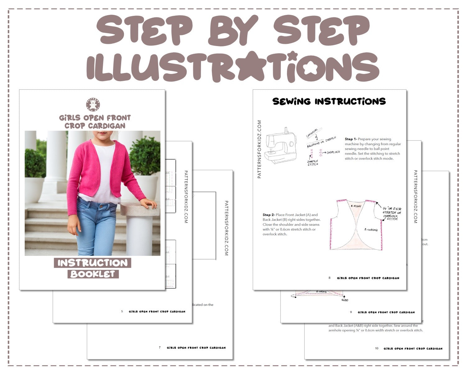 Girls Open Front Crop Cardigan sewing pattern step by step illustrations.