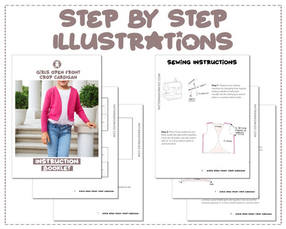 Girls Open Front Crop Cardigan sewing pattern step by step illustrations.