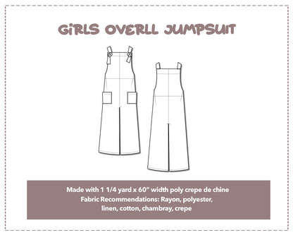 Illustration and detailed description for Girls Overall Jumpsuit sewing pattern.