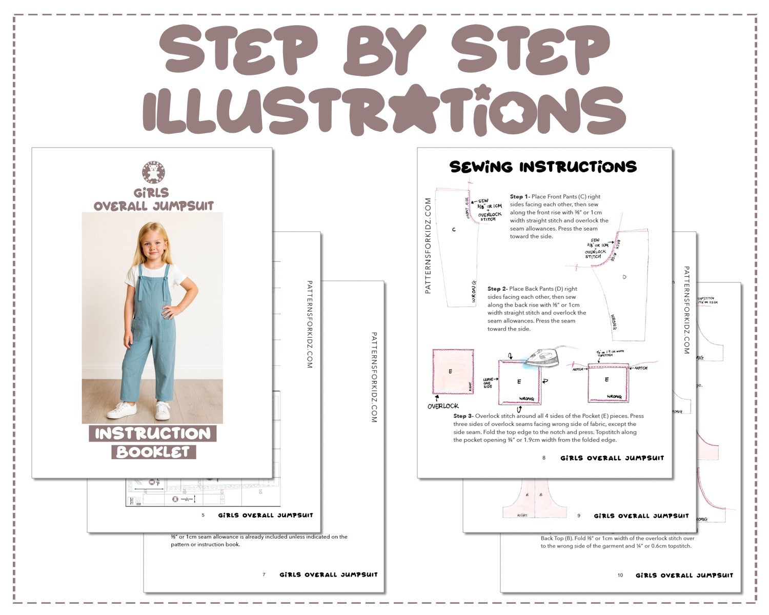 Girls Overall Jumpsuit sewing pattern step by step illustrations.