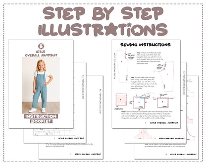 Girls Overall Jumpsuit sewing pattern step by step illustrations.