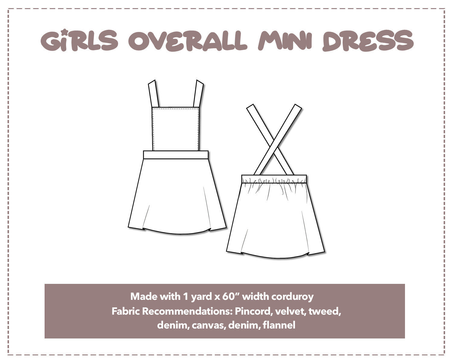 Illustration and detailed description for Girls Overall Mini Dress sewing pattern.