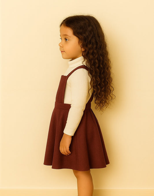 Side view of young girl wearing a maroon Overall Mini Dress over a white shirt against a beige background.