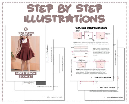 Girls Overall Mini Dress sewing pattern step by step illustrations.