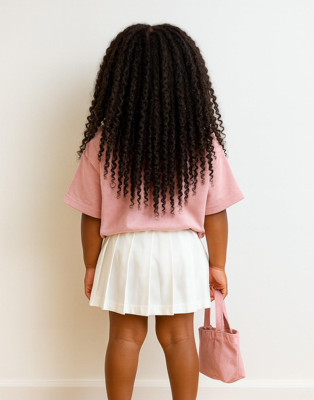Back view of young girl in a pink shirt and white Elastic Waist Pleated Skirt holding a pink bag against a plain background.