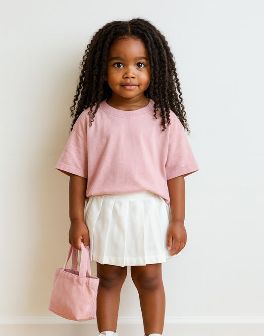 Young girl in a pink shirt and white Elastic Waist Pleated Skirt holding a pink bag against a plain background