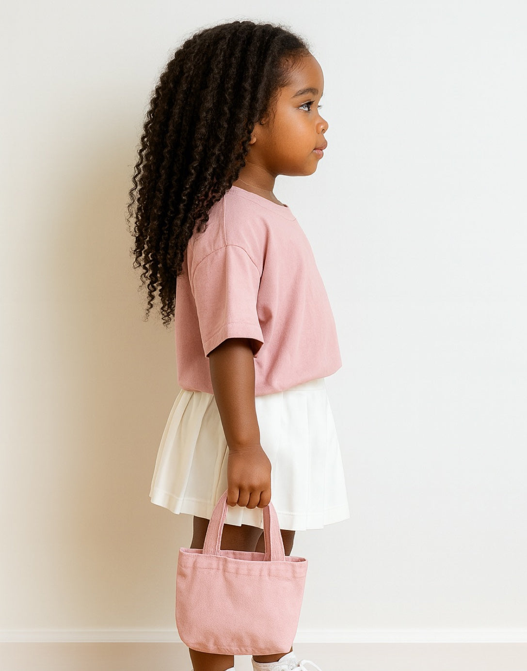 Side view of young girl in a pink shirt and white Elastic Waist Pleated Skirt holding a pink bag against a plain background.