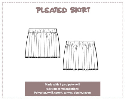 Illustration and detailed description for Girls Pleated Skirt sewing pattern. Made with 1 yard poly twill. Other Fabric Recommendations: polyester, twill, cotton, canvas, denim, rayon