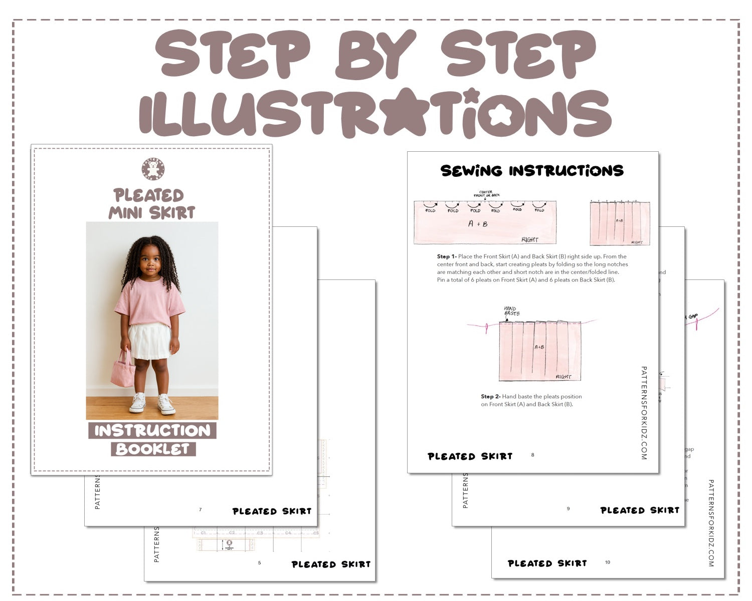 Girls Pleated Skirt sewing pattern instruction booklet showing step by step illustrations to make the garment.