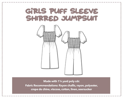 Illustration and detailed description for Girls Puff Sleeve Shirred Jumpsuit sewing pattern.