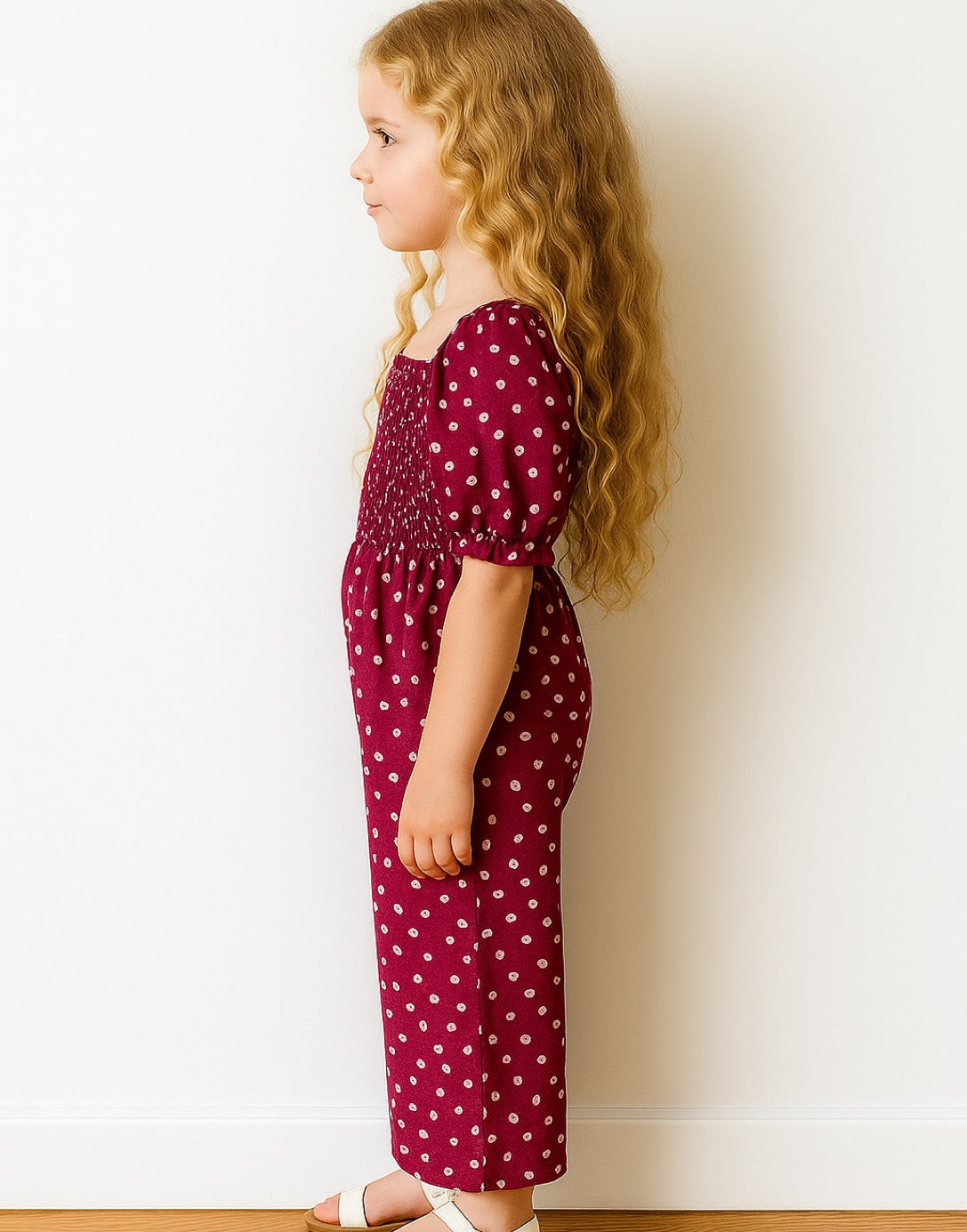Side view of young girl wearing a maroon Puff Sleeve Shirred Jumpsuit with white polka dots against a plain background.