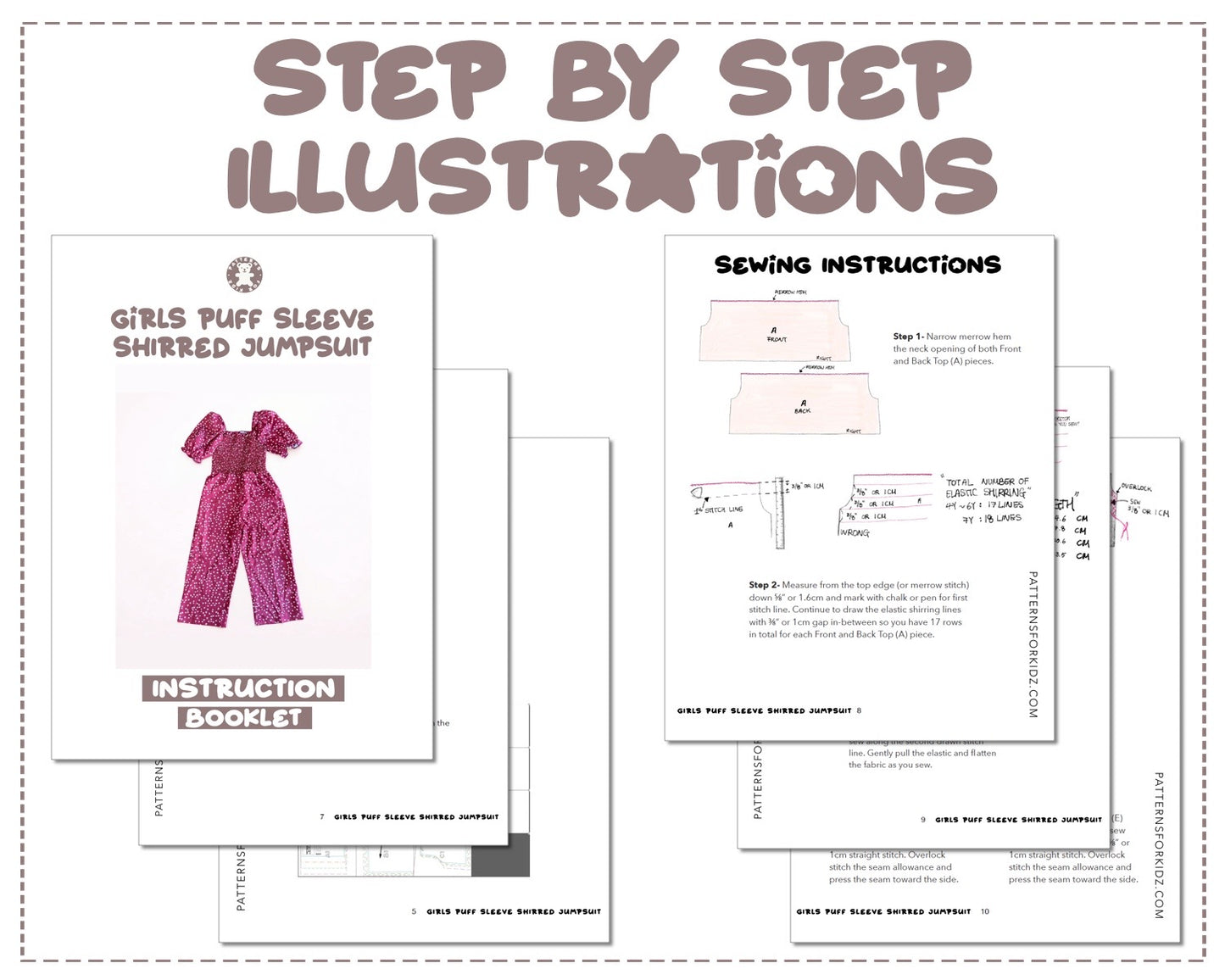 Girls Puff Sleeve Shirred Jumpsuit sewing pattern step by step illustrations.