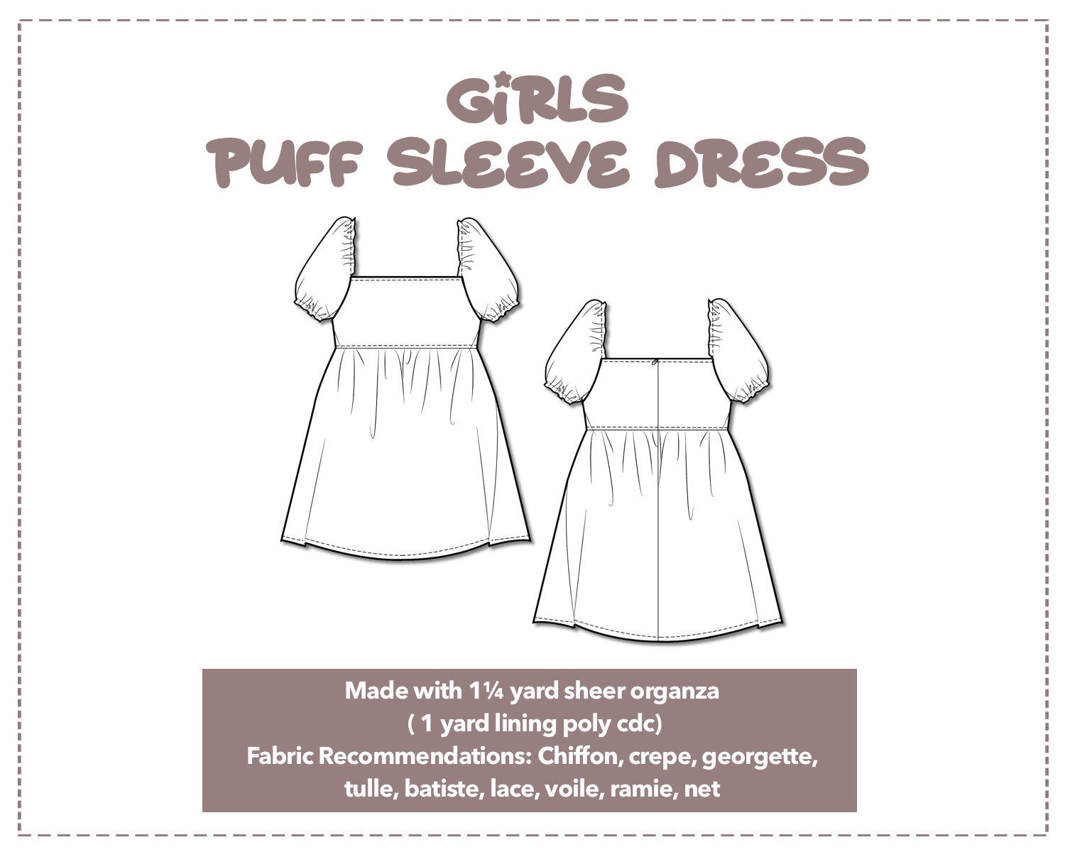 Illustration and detailed description for Girls Puff Sleeve Square Neck Dress sewing pattern.
