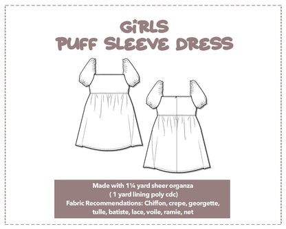 Illustration and detailed description for Girls Puff Sleeve Square Neck Dress sewing pattern.