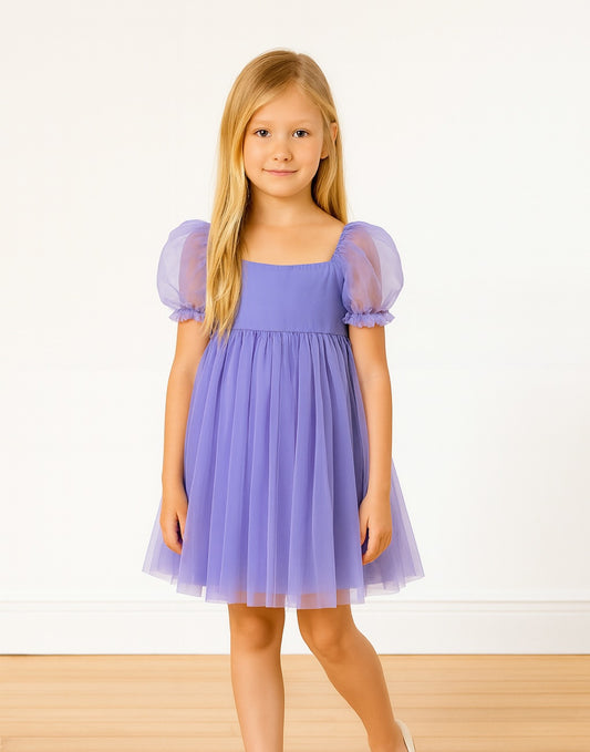 Young girl wearing a purple Square Neck Dress with puff sleeves against a white background