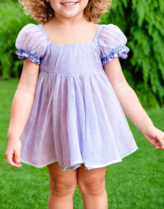 Front view of Girls Puff Sleeve Square Neck Dress.