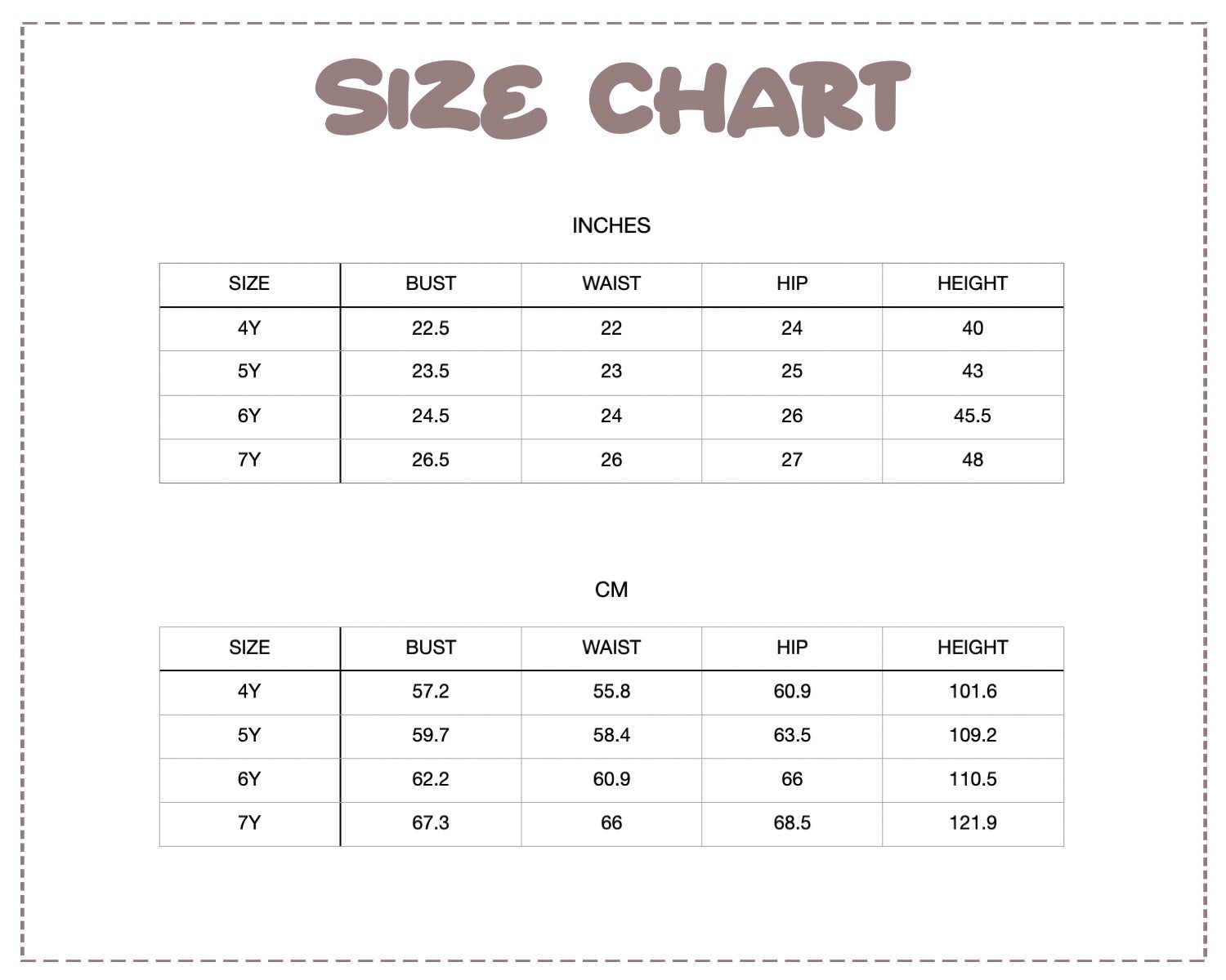 Patterns For Kidz size chart.