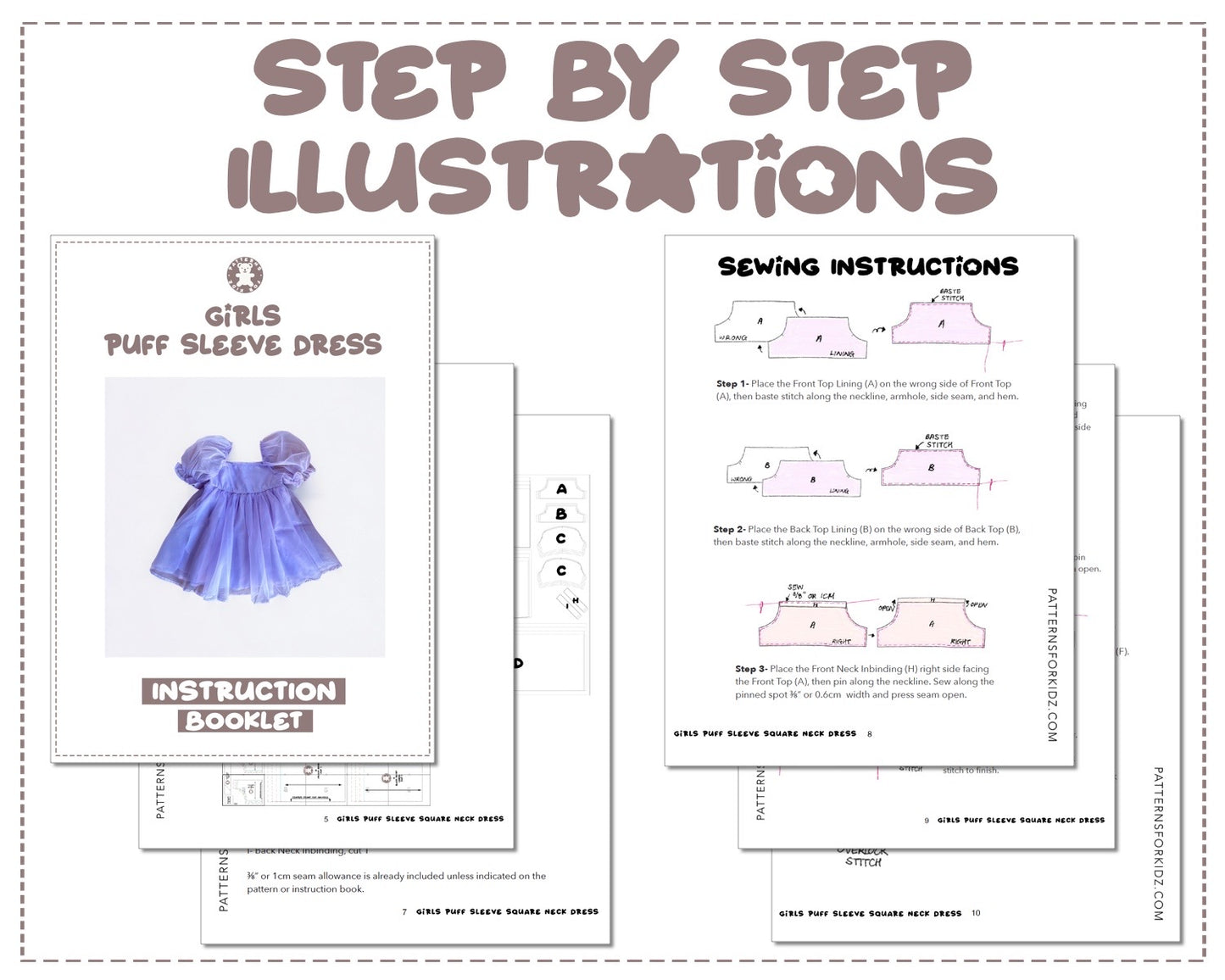 Girls Puff Sleeve Square Neck Dress sewing pattern step by step illustrations.