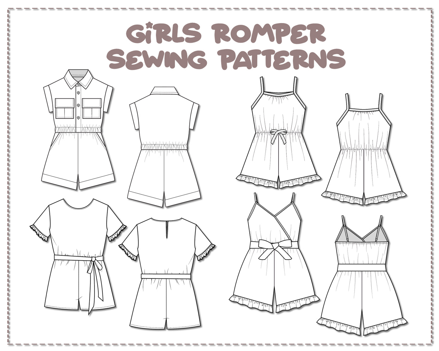 Illustration and detailed description for Girls Romper sewing pattern.