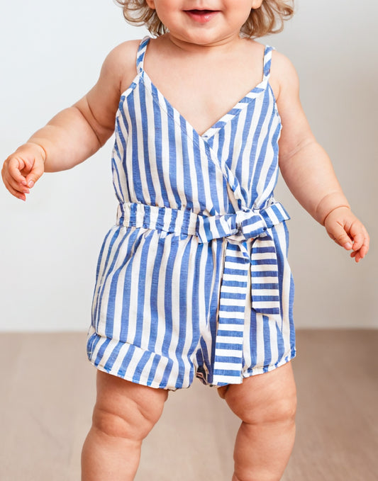 Front view of Girls Ruffle Hem Belted Cami Romper.