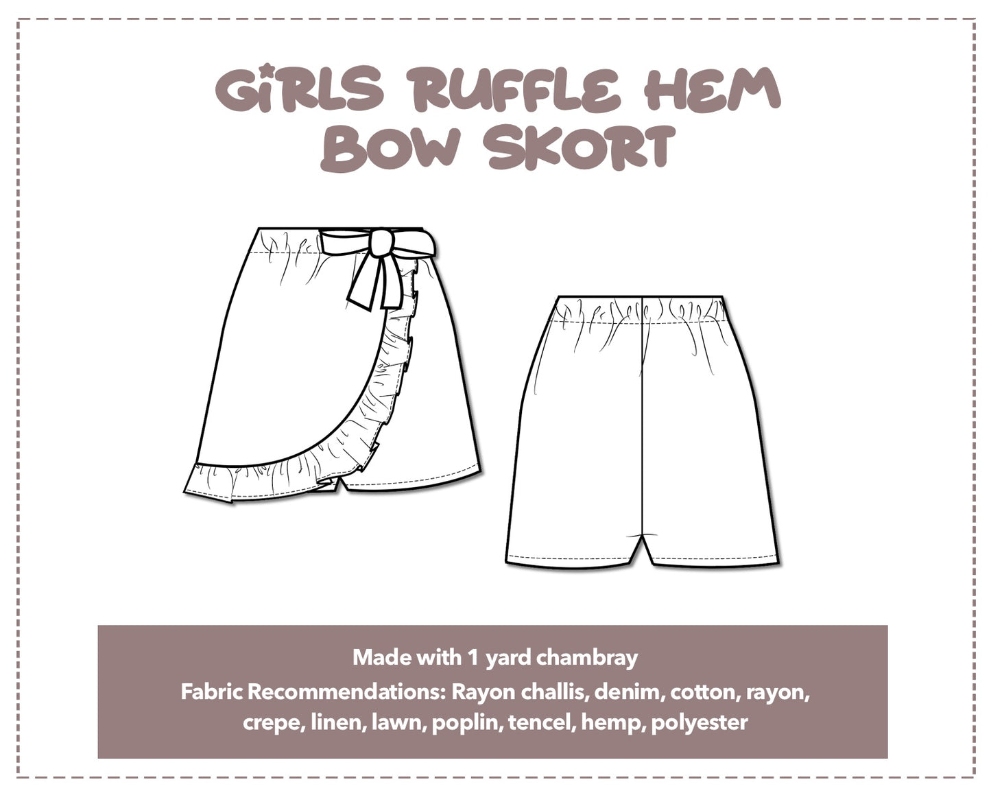 Illustration and detailed description for Girls Ruffle Hem Bow Skort sewing pattern.