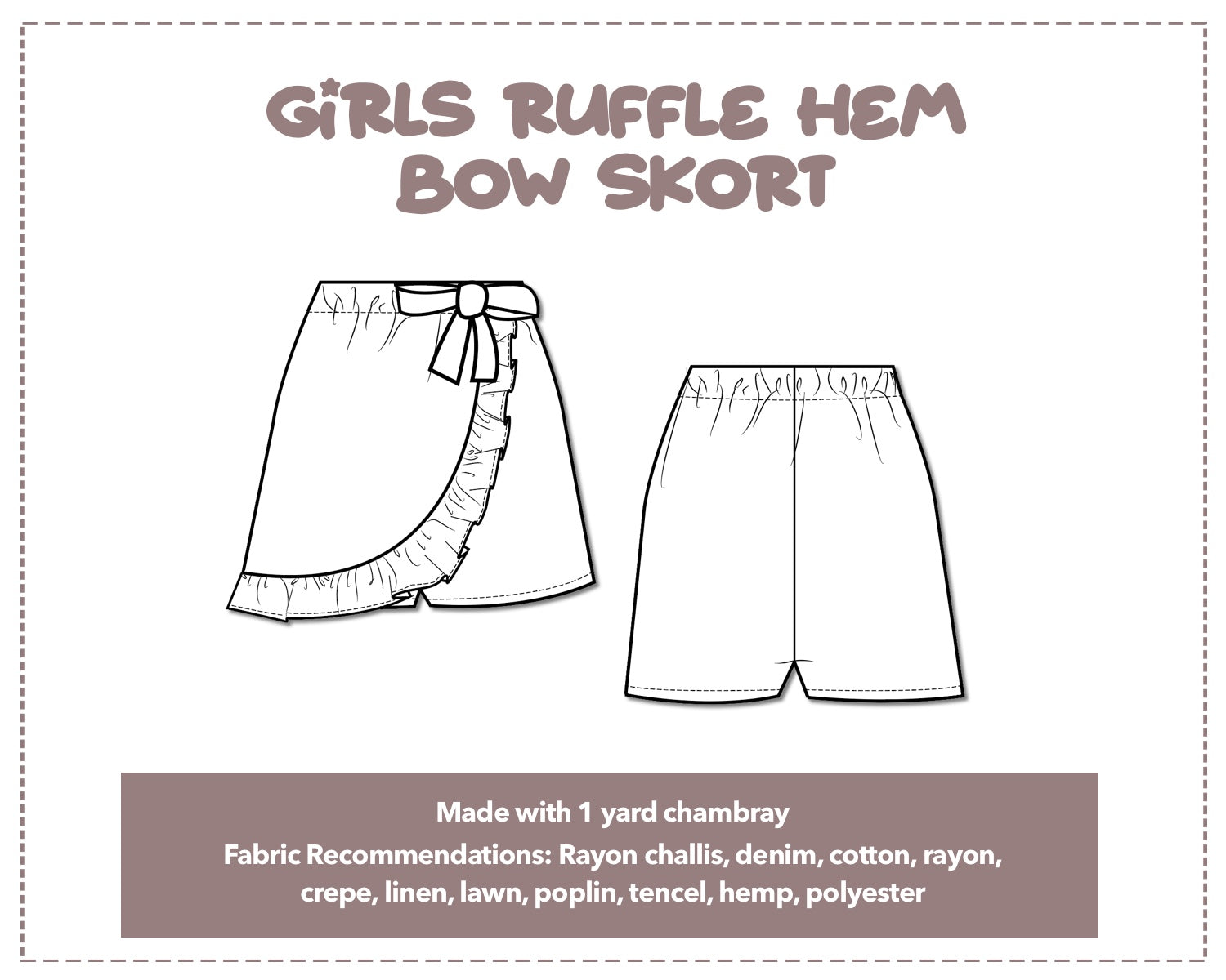 Illustration and detailed description for Girls Ruffle Hem Bow Skort sewing pattern.