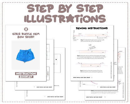 Girls Ruffle Hem Bow Skort sewing pattern step by step illustrations.