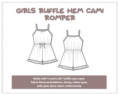 Illustration and detailed description for Girls Ruffle Hem Cami Romper sewing pattern.