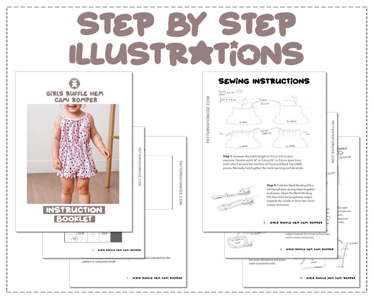 Girls Ruffle Hem Cami Romper sewing pattern step by step illustrations.