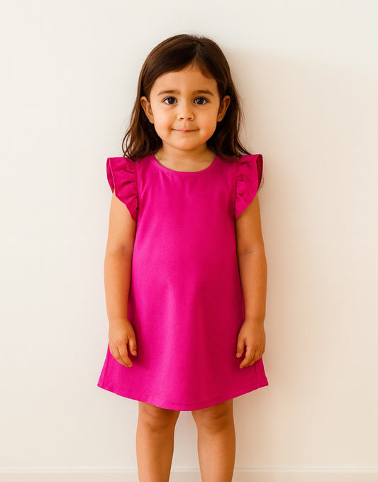 Young girl wearing a bright pink A-Line Dress with ruffled sleeves against a white background