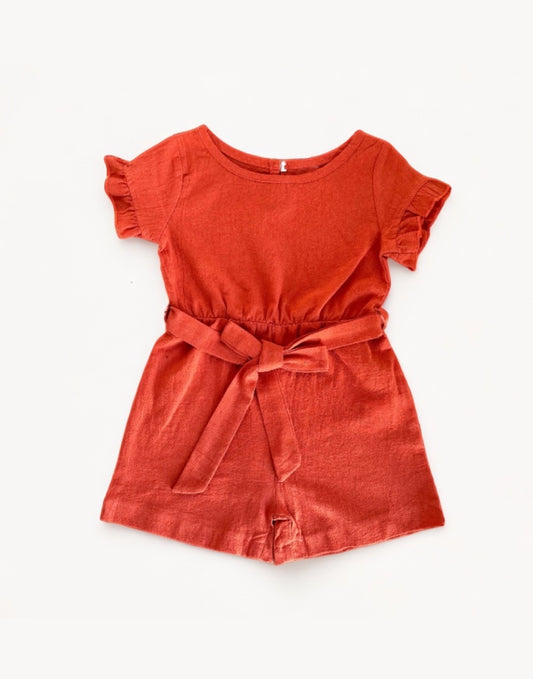 Front view of Girls Ruffle Sleeve Belted Romper.