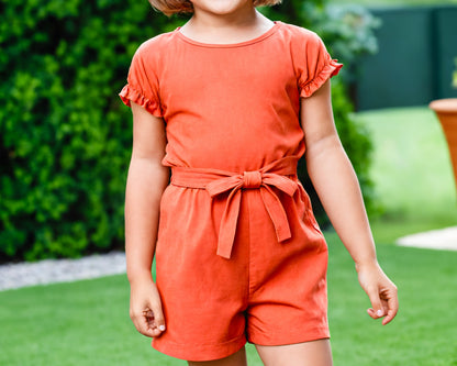 Front view of Girls Ruffle Sleeve Belted Romper.