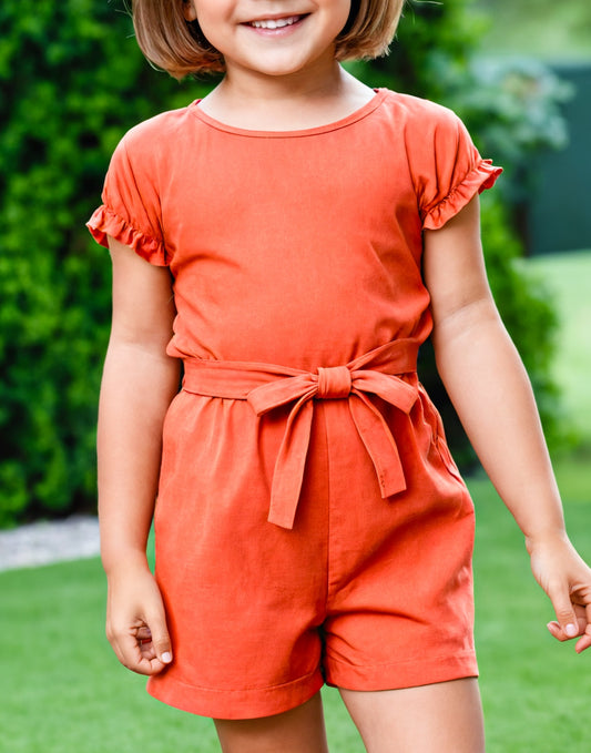 Front view of Girls Ruffle Sleeve Belted Romper.