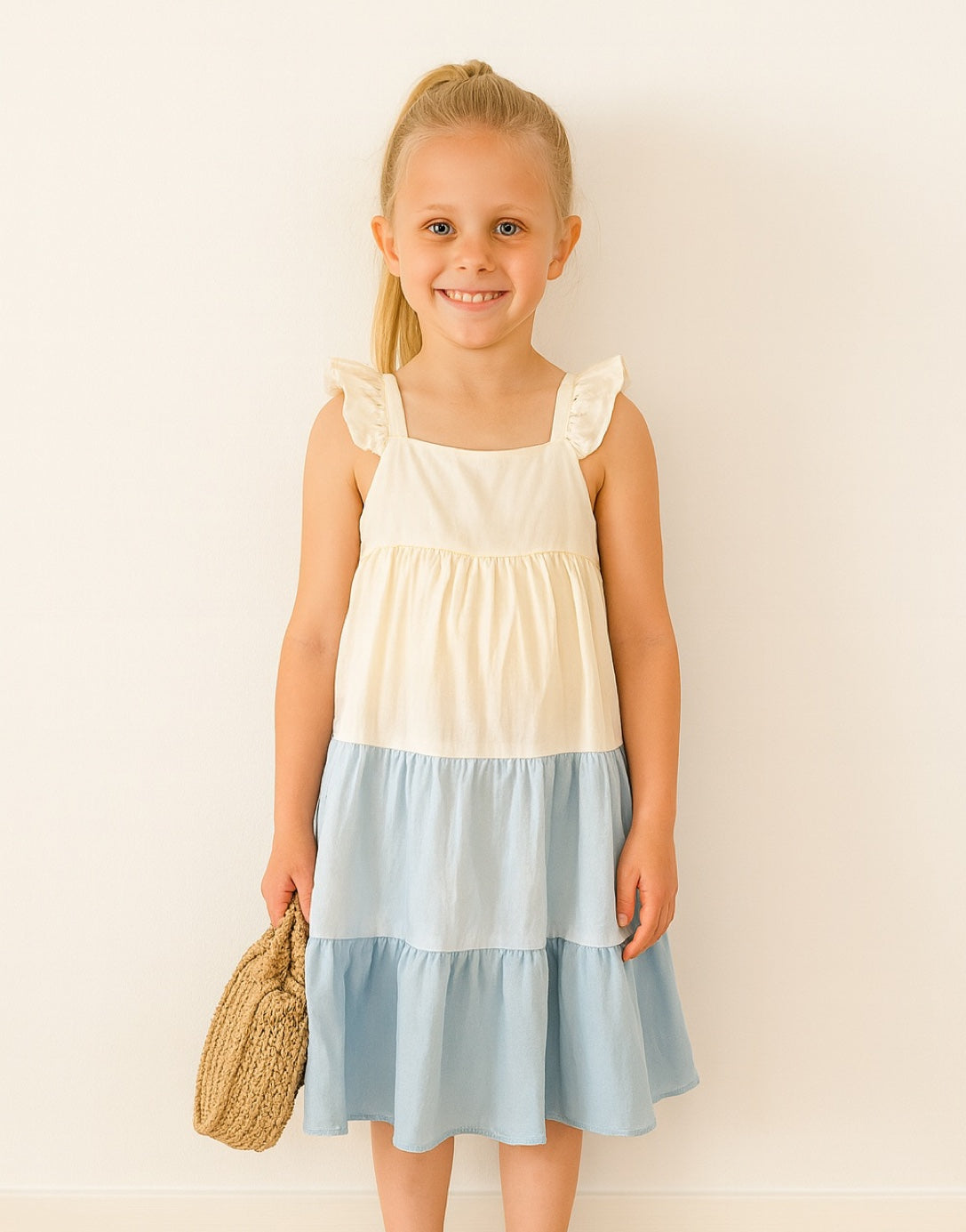 Young girl wearing a two-tone Ruffle Sleeve Cami Dress with a plain background