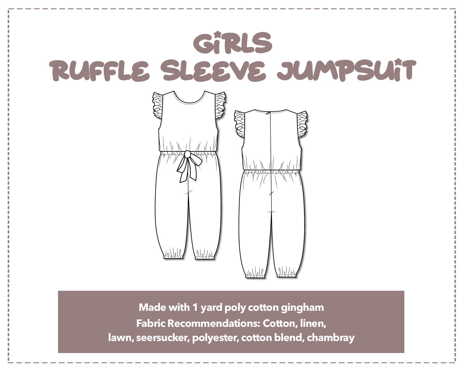 Illustration and detailed description for Girls Ruffle Sleeve Jumpsuit sewing pattern.