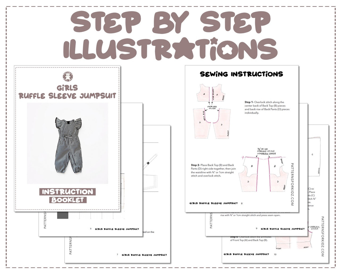 Girls Ruffle Sleeve Jumpsuit sewing pattern step by step illustrations.