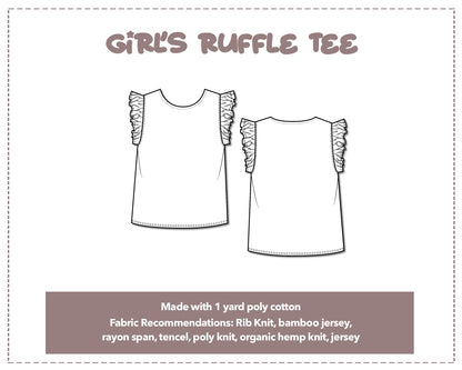 Illustration and detailed description for Girls Ruffle Tee sewing pattern.