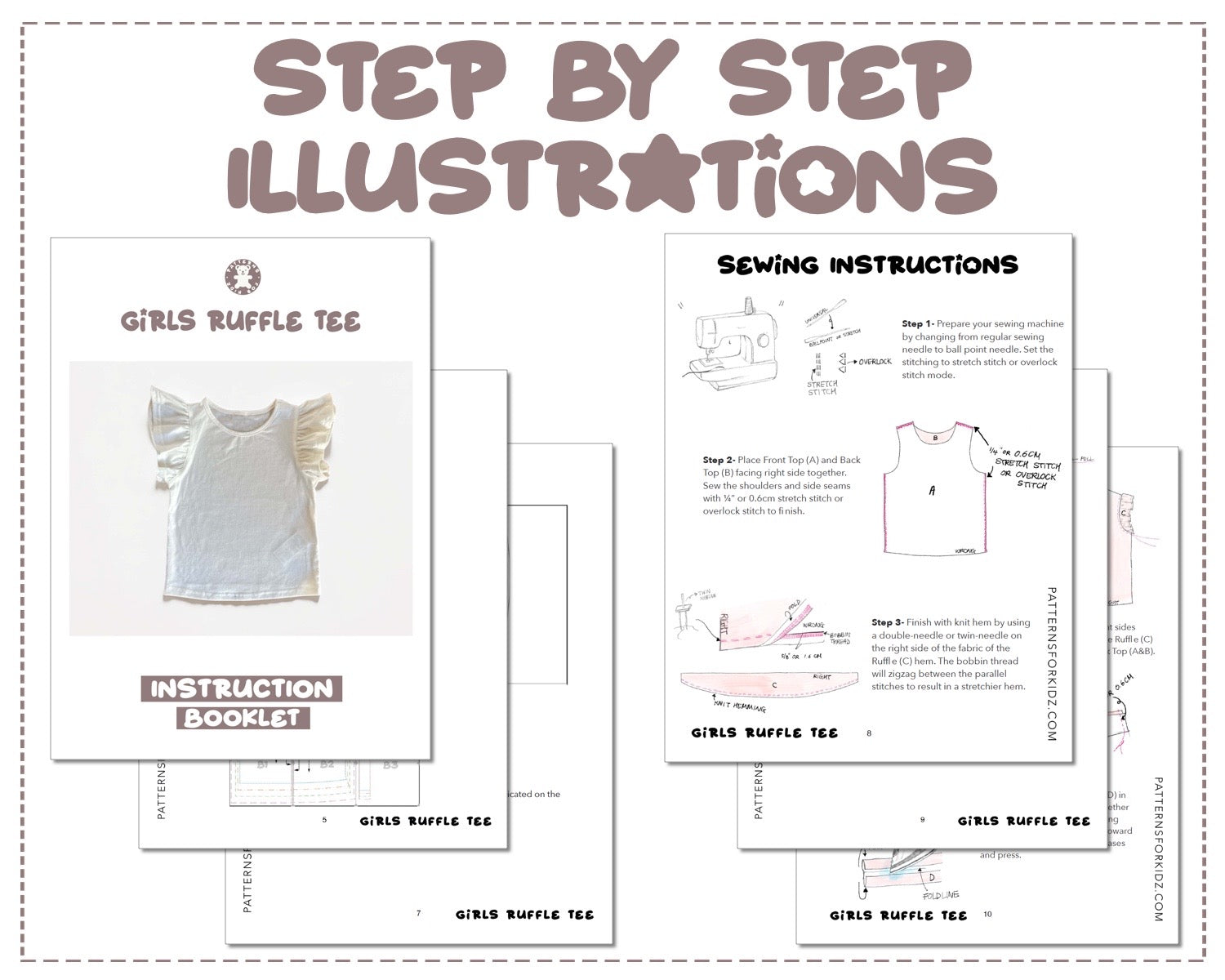 Girls Ruffle Tee sewing pattern step by step illustrations.