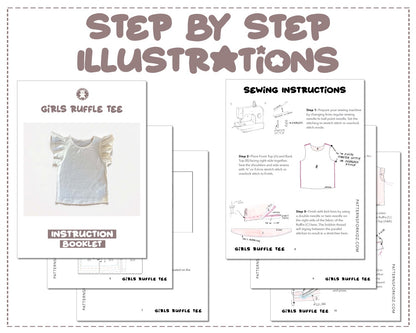 Girls Ruffle Tee sewing pattern step by step illustrations.