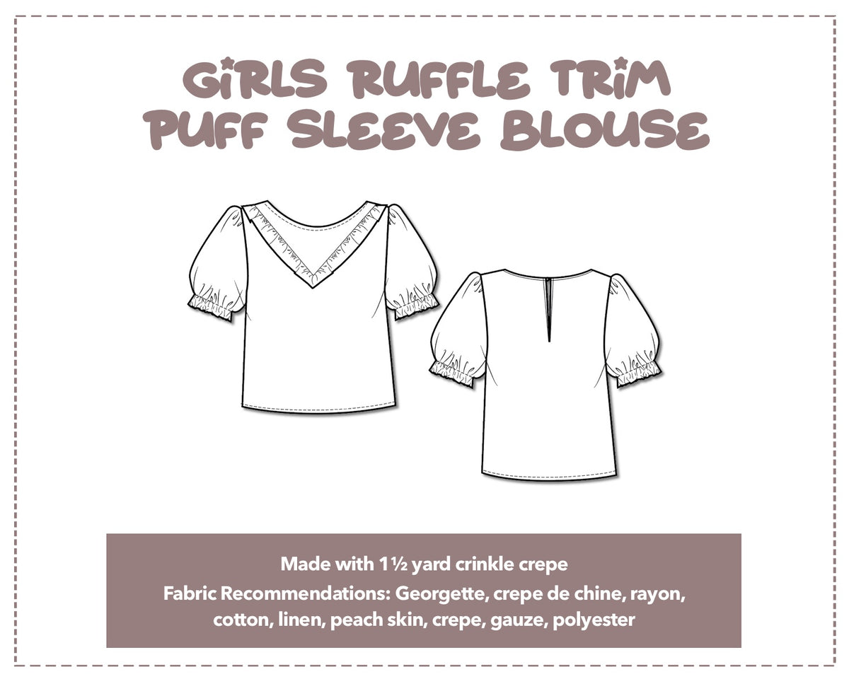 Girls Ruffle Trim Puff Sleeve Blouse Sewing Pattern – Patterns For Less