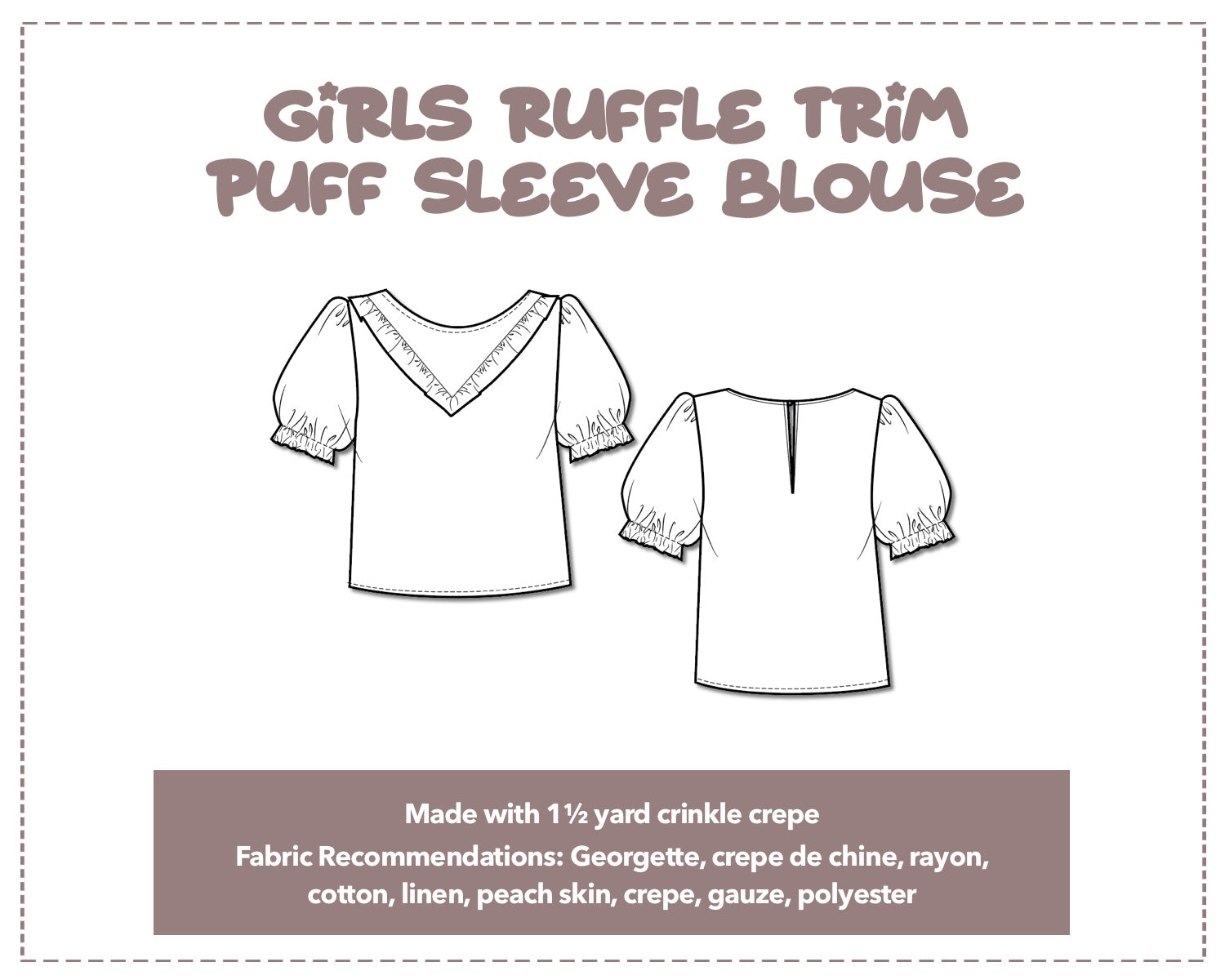 Illustration and detailed description for Ruffle Trim Puff Sleeve Blouse sewing pattern.